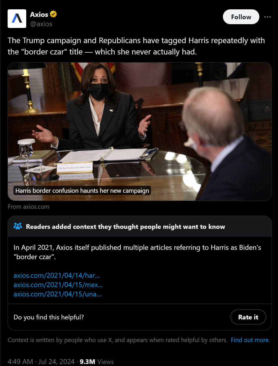 Axios Kamala Border Czar 2024-07-25