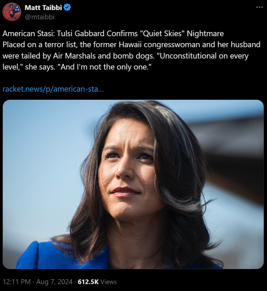 Tulsi Gabbard hit quiet skies 2024-08-10