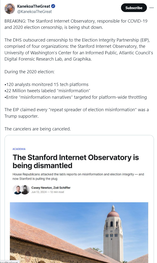 stanford internet observatory shut 2024-06-13