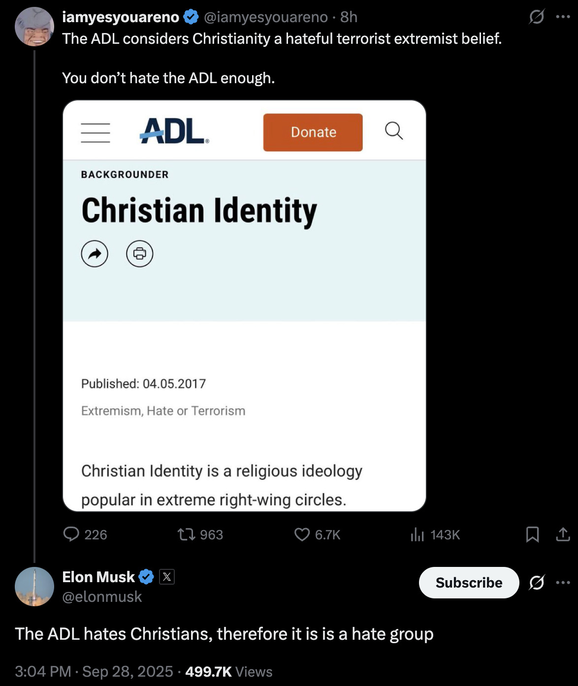 Elon Musk ADL Christian Identity 2025-09-28