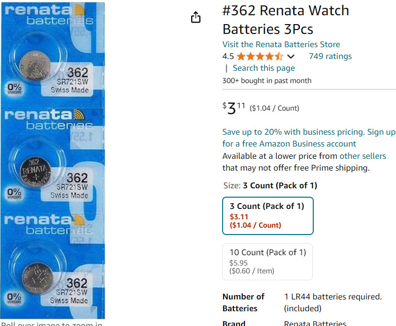 Renata 362 SR721SW Watch Battery 2024-08-15