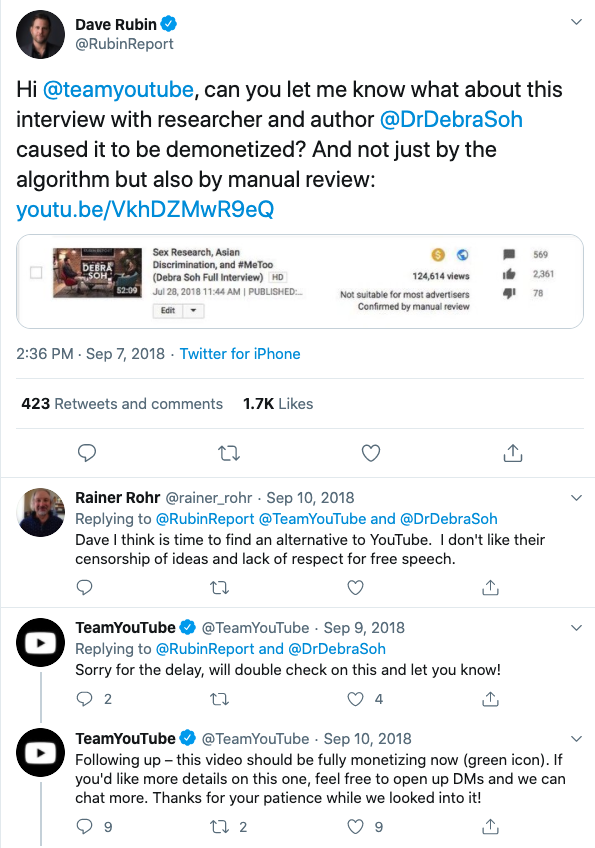 Dave Rubin  Debra Soh  YouTube censorship 2018-09-07 ZNYKf
