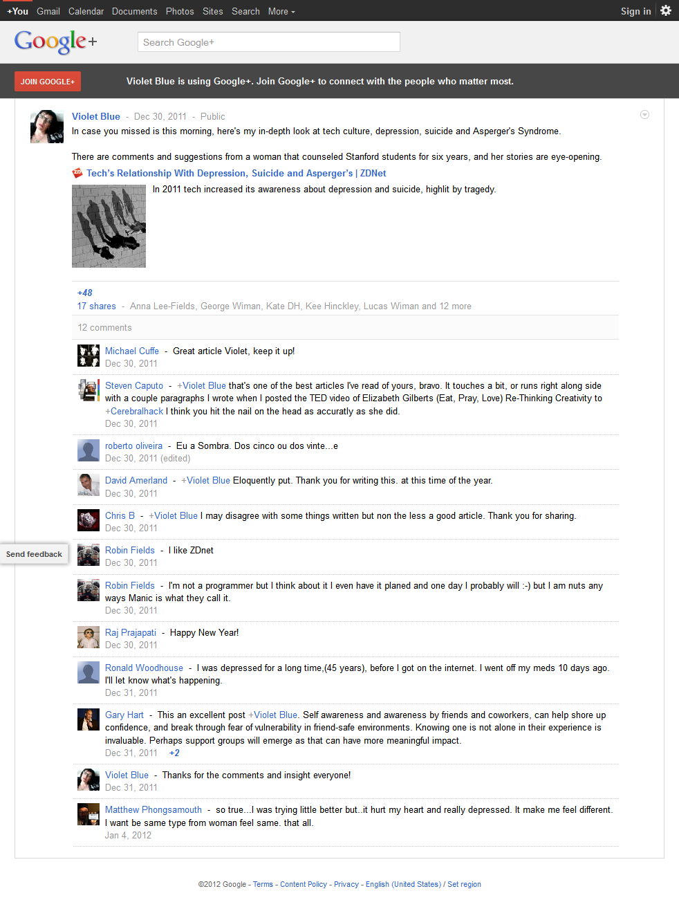Violet Blue suicide censorship post screenshot 2012-01-12