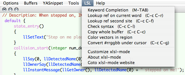 xlsl-mode menu