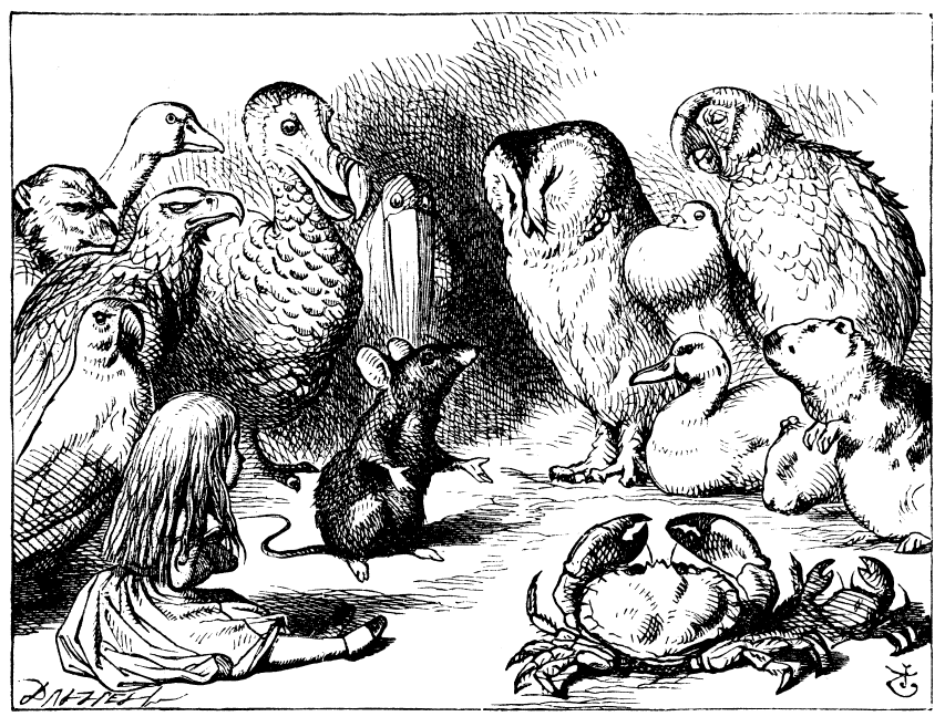 Mouse telling story to birds and Alice